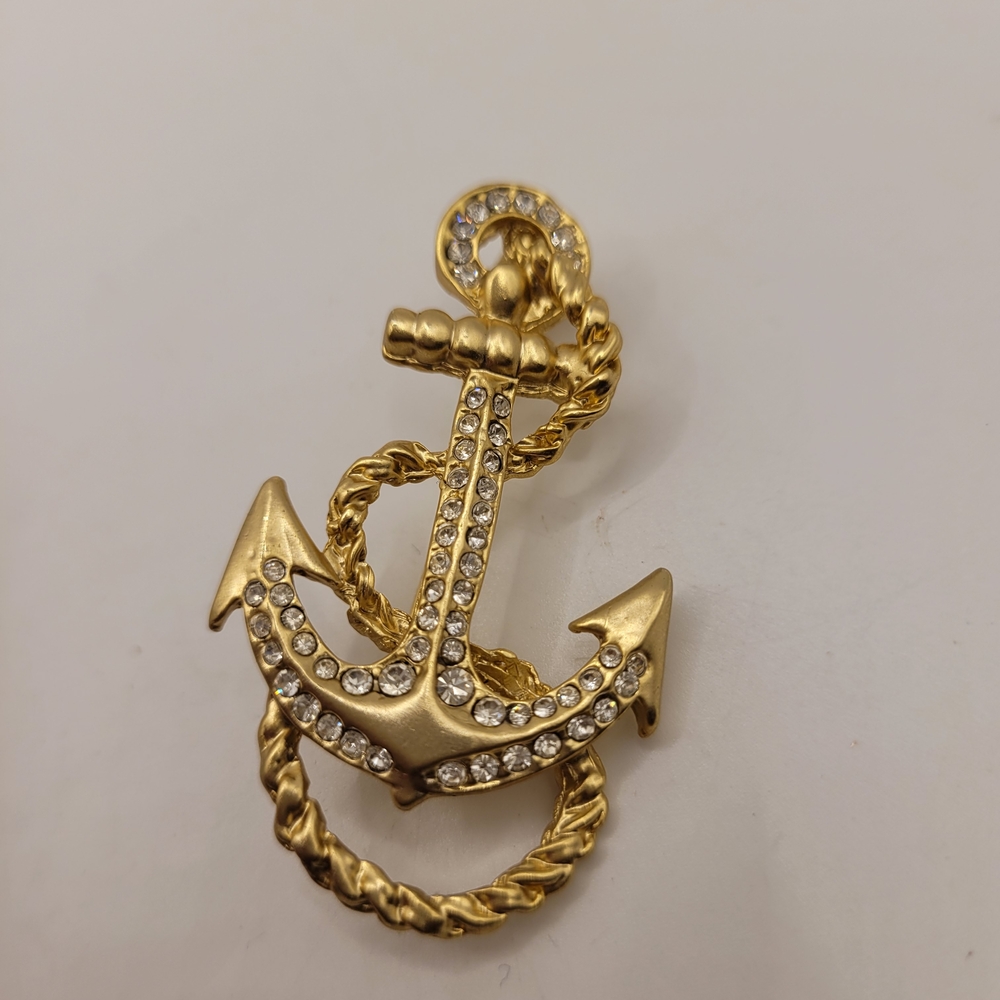 Gold Anchor Brooch with Rhinestones